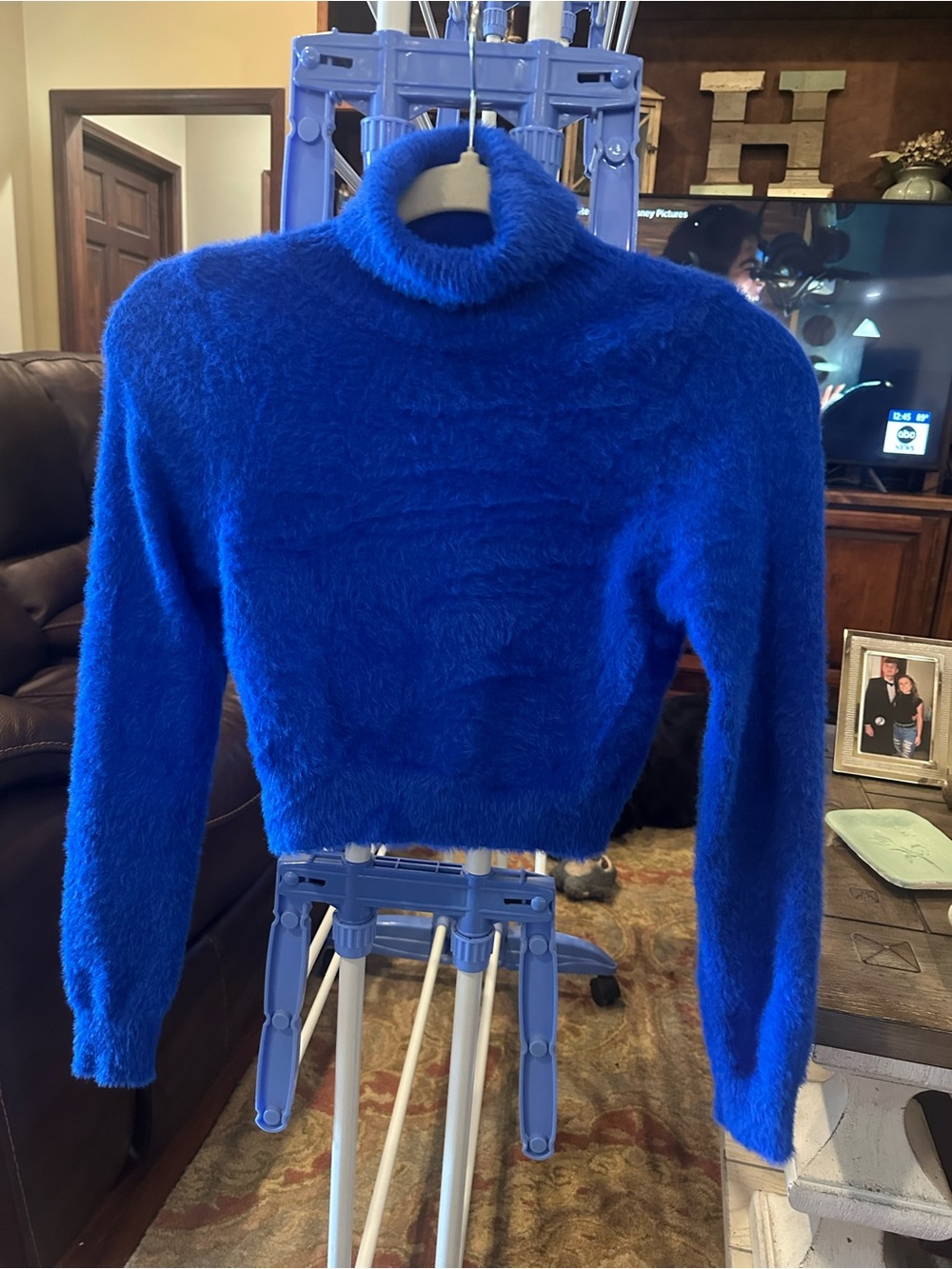 SHEIN Royal Blue Fuzzy Turtleneck Cropped Sweater